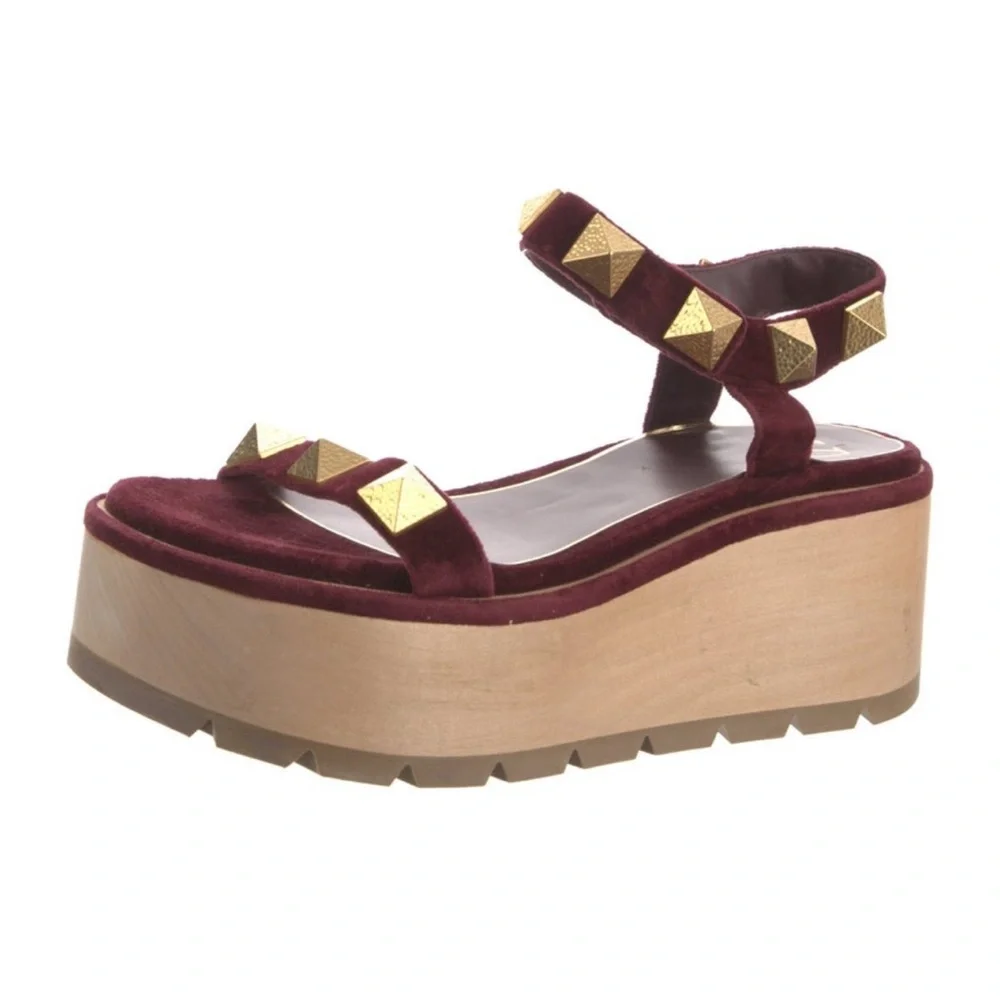 Valentino Burgundy Velvet Rockstud Platform Sandals
